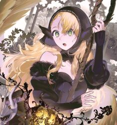  1girl ambrosia_(dungeon_meshi) bare_shoulders black_dress black_hood blonde_hair breasts detached_hood detached_sleeves dragon dress dungeon_meshi ear_covers elf fur_trim gapamopa green_eyes highres holding holding_staff lace-trimmed_headwear lace-trimmed_hood lace_trim laios_touden long_hair marcille_donato marcille_donato_(lord) open_mouth pointy_ears solo staff symbol-shaped_pupils upper_body wyvern 