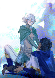  2boys absurdres arianna_327 bags_under_eyes black_hair boots cape curly_hair dark-skinned_male dark_skin dungeon_meshi elf full_body gorget grey_hair hand_on_another's_neck highres kabru long_sleeves lying male_focus mithrun multiple_boys notched_ear on_back pants pointy_ears shirt short_hair straddling thigh_boots tunic 