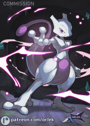  artist_name cave_interior closed_mouth commentary commission frown full_body mewtwo orlek patreon_logo pokemon pokemon_(creature) pokemon_focus solo standing violet_eyes web_address 