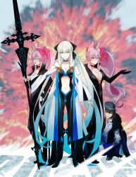  1boy 3girls black_hair blue_eyes blush bow closed_eyes fate/grand_order fate_(series) fur_trim glasses hair_between_eyes hair_bow highres holding holding_polearm holding_weapon koyanskaya_(assassin)_(first_ascension)_(fate) koyanskaya_(fate) long_sleeves looking_at_viewer morgan_le_fay_(fate) morgan_le_fay_(second_ascension)_(fate) multiple_girls nakanohiro oberon_(fate) oberon_(third_ascension)_(fate) open_mouth pink_hair polearm ponytail shirt short_hair sitting smile standing tamamo_(fate) weapon white_hair yellow_eyes 