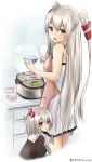 1girl 2girls :o absurdres alternate_costume amatsukaze_(kantai_collection) apron black_eyes blush bowl brown_eyes hair_tubes highres if_they_mated kantai_collection long_hair looking_at_viewer mother_and_daughter multiple_girls one_side_up rice_cooker rice_spoon saku_(kudrove) silver_hair solo two_side_up very_long_hair 