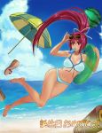  1girl barefoot beach beach_umbrella bikini blush breasts cleavage food front-tie_bikini front-tie_top fruit hair_intakes hair_ribbon innertube large_breasts long_hair mouth_hold nakahara_yuusuke navel ocean ponytail popsicle purple_hair ribbon sandals shoes_removed solo sunglasses sunglasses_on_head swimsuit under_night_in-birth very_long_hair violet_eyes watermelon yuzuriha_(under_night_in-birth) 