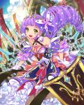  1girl :d drill_hair empew gloves green_eyes hair_ornament holding long_hair looking_at_viewer open_mouth original purple_hair shield smile solo sword tenkuu_no_crystalia weapon white_gloves 