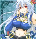  1girl artist_name bare_shoulders breasts cleavage_cutout detached_sleeves eleonora_viltaria hair_ornament large_breasts long_hair madan_no_ou_to_vanadis midriff navel red_eyes rito2 silver_hair smile solo 