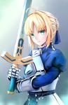  1girl ahoge armor armored_dress blonde_hair dress excalibur fate/stay_night fate_(series) gauntlets green_eyes hair_ribbon highres magicians_(zhkahogigzkh) ribbon saber solo sword weapon 