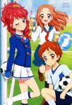  1boy 2girls absurdres aikatsu! ball blue_eyes boots brown_eyes brown_hair drink highres hoshimiya_raichi kurebayashi_juri legs long_hair looking_at_viewer multiple_girls one_eye_closed otoshiro_noel redhead school_uniform serafuku short_hair smile soccer_ball socks 