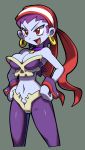  &gt;:d 1girl :d absurdres alternate_headwear bandana bare_shoulders blue_skin breasts bustier choker cleavage cropped_legs earrings eyeliner female grin hands_on_hips highres hoop_earrings jewelry lipstick makeup makoto_yabe navel official_art open_mouth pirate purple_hair purple_lipstick red_eyes risky_boots shantae shantae_and_the_pirate&#039;s_curse simple_background skull smile solo standing wrist_cuffs 