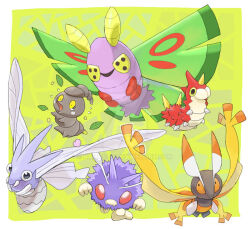  animal_focus antennae border bug burmy commentary deviantart_logo deviantart_username dustox english_commentary fangs flying_sweatdrops insect_wings leaf mackro_t mothim no_humans open_mouth pokemon pokemon_(creature) pokemon_focus smile venomoth venonat watermark web_address white_border wings wurmple 