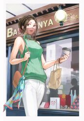  1girl aqua_neckerchief bag bare_arms bare_shoulders box braid breasts brown_bag brown_eyes brown_hair collared_sweater cowboy_shot crown_braid cup disposable_coffee_cup disposable_cup earrings facing_viewer fate/grand_order fate_(series) from_side gift gift_box green_sweater highres holding holding_cup hoop_earrings jewelry lamppost light_blush medium_breasts medium_hair mouth_veil neckerchief pants paper_bag people road serpant_nergar shop shopping_bag shoulder_bag sideways_glance siduri_(fate) sleeveless sleeveless_sweater smile solo_focus storefront street sweater unworn_neckerchief veil walking white_pants window 