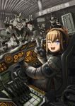  1girl blonde_hair blue_eyes cockpit controller copyright_request double_v fujimori_(non_faciem) gloves headset highres joystick looking_at_viewer looking_back mecha pilot_suit short_hair solo_focus v 
