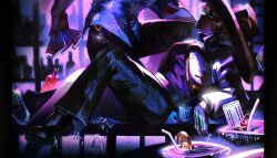  2boys arm_tattoo beer_bottle black_pants black_shirt black_shoes blonde_hair blue_shirt brown_hat card collared_shirt food fruit full_body green_pants hat hawaiian_shirt holding holding_card hong_lu_(project_moon) indoors jacket lemon lemon_slice limbus_company looking_at_another los_mariachis_(identity)_(project_moon) lycanthix male_focus multiple_boys pants project_moon shirt shoes short_hair sinclair_(project_moon) sitting solo_focus sombrero standing tattoo tingtang_gang_(identity)_(project_moon) white_jacket yellow_eyes 