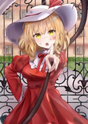  1girl bandaid bandaid_on_face blonde_hair bruise bruise_on_face collar cowboy_shot crying crying_with_eyes_open curly_hair dirty dirty_clothes dress drill_hair drill_sidelocks elly_(touhou) frilled_sleeves frills gate hand_on_own_hip hat hat_ribbon high_collar holding holding_scythe injury mansion neck_ribbon neko_bocchi open_mouth pointing pointing_at_viewer red_dress red_ribbon ribbon scythe sidelocks tears torn_clothes torn_hat touhou touhou_(pc-98) white_collar white_hat yellow_eyes 