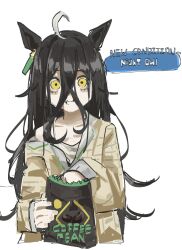  1girl ahoge animal_ears bag bags_under_eyes bare_shoulders camisole closed_mouth coffee_bag coffee_beans collarbone crossed_bangs crumbs dom1 ear_ornament ear_tag earrings eating food food_on_face grey_camisole hair_between_eyes highres holding holding_bag horse_ears horse_girl jacket jewelry long_bangs long_hair_between_eyes long_sleeves manhattan_cafe_(umamusume) multicolored_hair off_shoulder open_clothes open_jacket simple_background single_earring single_off_shoulder solo umamusume white_background white_hair yellow_eyes yellow_jacket 