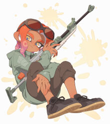  1boy absurdres black-framed_eyewear black_shoes blue_pupils brown_pants capri_pants closed_mouth dark-skinned_male dark_skin eyewear_on_head fingernails full_body gradient_hair green_jacket highres holding holding_weapon jacket long_sleeves looking_at_viewer male_focus medium_hair multicolored_eyes multicolored_hair octoling octoling_boy octoling_player_character orange_eyes orange_hair pants parted_bangs purple_hair sharp_fingernails shoes smile solo splat_charger_(splatoon) splatoon_(series) sunglasses surume01417 thick_eyebrows two-tone_eyes weapon yellow_eyes 