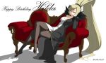  1girl blonde_hair breasts chin_rest cleavage couch crossed_legs dated fur_collar happy_birthday heterochromia hilda_(under_night_in-birth) large_breasts long_hair looking_at_viewer no_shoes off-shoulder_dress official_art pantyhose red_eyes signature sitting solo thigh-highs under_night_in-birth very_long_hair zipper 