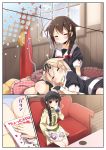  3girls black_hair bow braid closed_eyes comic couch fingerless_gloves gloves hair_bow hair_ornament hair_ribbon hairclip highres kantai_collection kitakami_(kantai_collection) light_brown_hair lying multiple_girls navel pleated_skirt ribbon school_uniform serafuku shigure_(kantai_collection) single_braid sitting skirt sleeping_on_person translation_request yume_no_owari yuudachi_(kantai_collection) 