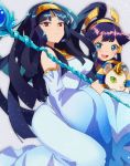  2girls :d blue_eyes cub detached_sleeves dress hairband isis_(p&amp;d) long_hair multiple_girls nephthys_(p&amp;d) onaramaru open_mouth orb ponytail puzzle_&amp;_dragons red_eyes smile staff 