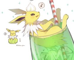  animal_focus closed_eyes cup drinking_straw full_body glass highres hokaimo_pkmn ice ice_cube in_container in_cup jolteon melon_soda no_humans open_mouth pokemon pokemon_(creature) pokemon_focus smile tail whipped_cream yellow_fur 