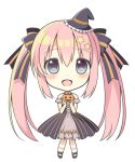  1girl :d blue_eyes chibi detached_sleeves hair_ornament halloween holding jack-o&#039;-lantern long_hair looking_at_viewer mary_janes mini_witch_hat open_mouth original pink_hair riria_(happy_strawberry) shoes simple_background smile solo star_hair_ornament striped striped_legwear twintails very_long_hair white_background 