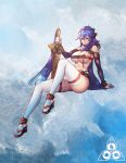  1girl blue_eyes blue_hair breasts elbow_gloves gloves high_heels highres honedge large_breasts long_hair personification pokemon pokemon_(game) pokemon_xy ryushin scarf sitting solo sword thigh-highs under_boob weapon 