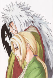  1girl 2boys absurdres black_hair blonde_hair brown_eyes facial_mark from_side green_kimono highres japanese_clothes jiraiya_(naruto) kimono kishimoto_masashi long_hair multiple_boys naruto_(series) official_art orochimaru_(naruto) pale_skin ponytail simple_background tsunade_(naruto) upper_body white_background white_hair 