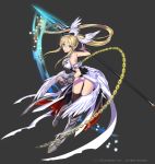  1girl blonde_hair blue_eyes empew gyakushuu_no_fantasica holding long_hair looking_at_viewer official_art original polearm ponytail simple_background solo spear very_long_hair weapon wings 