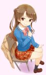  1girl bowtie brown_eyes brown_hair chair character_request dated heart heart-shaped_pupils long_hair looking_at_viewer nagian pigeon-toed pink_background plaid plaid_skirt pocky pocky_day sitting skirt smile solo sweater symbol-shaped_pupils two_side_up 