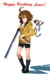  1girl ahoge artist_request bike_shorts boots brown_hair dragon dual_wielding familiar flat_chest happy_birthday highres hoodie huge_ahoge knee_boots knife linne red_eyes reverse_grip short_hair solo sword under_night_in-birth weapon 