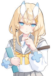  1girl alternate_costume blonde_hair blue_eyes blue_horns blush bow bowtie braid closed_mouth cowboy_shot grey_sailor_collar grey_skirt hair_ornament hair_over_shoulder highres holding holding_notebook holding_pencil horns k_laurel2 kadou_mikaru lightning_bolt_hair_ornament lightning_bolt_symbol long_sleeves looking_at_viewer low_twin_braids mechanical_pencil multicolored_horns nijisanji no_headwear notebook pencil pleated_skirt puffy_long_sleeves puffy_sleeves sailor_collar school_uniform serafuku sidelocks simple_background skirt solo standing twin_braids two-tone_horns virtual_youtuber white_background white_horns x_hair_ornament yellow_bow yellow_bowtie 