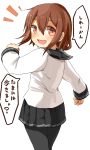  /\/\/\ 1girl :d black_legwear black_skirt blush brown_eyes brown_hair fang from_behind hair_ornament hairclip highres ikazuchi_(kantai_collection) kantai_collection long_sleeves looking_at_viewer looking_back open_mouth panties pleated_skirt sailor_collar school_uniform serafuku short_hair simple_background skirt smile solo translation_request underwear white_background yamato_(muchuu_paradigm) 