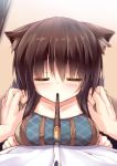  1boy 1girl animal_ears blush breasts brown_hair cat_ears close-up collarbone face long_hair original pocky syroh 