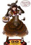  1girl ;) animal_ears basket bell black_gloves brown_eyes brown_hair capelet coffee corset cow_bell cow_ears cow_tail double_v elbow_gloves fake_animal_ears frilled_skirt frills fujimori_(non_faciem) gloves grin hair_ribbon headdress highres lace-trimmed_gloves long_skirt mary_janes mascot milk_carton mismatched_legwear one_eye_closed original personification pigeon-toed product_girl ribbon shoes short_hair skirt smile solo tail v v_over_eye yukijirushi yukiko-tan 