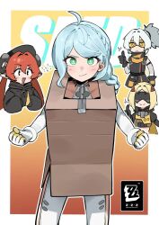 cardboard_box long_hair medium_hair multiple_girls orpheus_(zenless_zone_zero) seed_(zenless_zone_zero) soldier_11_(zenless_zone_zero) trigger_(zenless_zone_zero) visor zenless_zone_zero