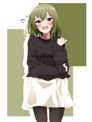  1girl absurdres black_pantyhose black_sweater blush brown_eyes clark_grimms cowboy_shot drop_shadow flying_sweatdrops green_background green_hair hand_up highres idolmaster idolmaster_million_live! long_sleeves looking_at_viewer medium_hair nagayoshi_subaru open_mouth pantyhose simple_background skirt solo standing sweater white_background white_skirt 