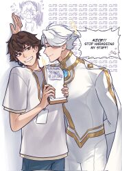  2boys arm_behind_back bodysuit brooch brown_eyes brown_hair cape clipboard closed_eyes cowboy_shot curtained_hair doodle_inset elalalune english_text highres holding holding_clipboard id_card jewelry leaning_back lin_ling_(to_be_hero_x) male_focus multiple_boys nervous nervous_sweating nice_(to_be_hero_x) out_of_frame pinned shirt short_hair smile sweat sweatdrop to_be_hero to_be_hero_x white_bodysuit white_cape white_hair white_shirt 