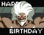  beard dark_skin dated eyebrows facial_hair grin happy_birthday muscle no_pupils official_art pixel_art red_eyes shirtless smile solo thick_eyebrows under_night_in-birth waldstein white_hair 