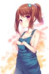  1girl blush brown_hair collarbone galilei_donna hair_ornament hands_in_pockets hozuki_ferrari natsuki_shuri no_bra overalls pink_eyes scrunchie short_hair small_breasts solo 