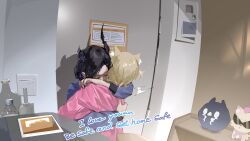  2girls absurdres alternate_costume animal_ears asymmetrical_horns black_hair blonde_hair blue_hair blue_sweater closed_eyes colored_inner_hair commentary dog_ears dog_girl dog_tail door english_commentary english_text flower highres hololive hololive_english horn_flower horns hotel_room hug indoors jailbird_(nerissa_ravencroft) long_sleeves mococo_abyssgard multicolored_hair multiple_girls nerissa_ravencroft pink_sweater ruffian_(fuwamoco) short_hair sweater swept_bangs tail thekaiyip uneven_horns virtual_youtuber yuri 