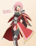  1girl :d alexei_dinoia alexei_dinoia_(cosplay) armor belt boots capelet cosplay estellise_sidos_heurassein gloves green_eyes knee_boots open_mouth pants pauldrons pink_hair rihitoman short_hair smile solo surcoat tales_of_(series) tales_of_vesperia translation_request 