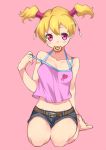  1girl barefoot belt blonde_hair blouse casual chiroru_(7450n) collarbone doughnut fresh_precure! kneeling momozono_love mouth_hold pink_background pink_eyes precure seiza short_hair short_twintails shorts sitting solo strap_slip twintails 