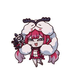  1girl baobhan_sith_(fate) baobhan_sith_(swimsuit_pretender)_(first_ascension)_(fate) camisole cernunnos_(fate) character_hood chibi fate/grand_order fate_(series) full_body grey_eyes hammer hand_up headwear_with_attached_mittens jacket long_hair looking_at_viewer navel official_art pink_hair pink_skirt pointy_ears riyo_(lyomsnpmp) sidelocks skirt smile solo third-party_source transparent_background white_camisole white_jacket 