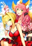  alternate_costume animal_ears bare_shoulders blonde_hair caster_(fate/extra) clouds dress ells fate/extra fate/extra_ccc fate_(series) food green_eyes hair_intakes ice_cream one_eye_closed pink_hair saber_extra sky thigh-highs yellow_eyes 