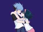  1boy 1girl black_hair blue_hair eye_contact hayasaka_riku hug kannazuki_no_miko kurobe_tamiko long_hair looking_at_another miko_embrace parody shaman_king short_hair usui_horokeu younger 