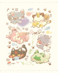  animal_focus blush bow cat commentary_request espurr fang fish flower glameow highres leaf litten meowth no_humans pillow poke_ball poke_ball_(basic) pokemon pokemon_(creature) pokemon_focus simple_background skitty smile sprigatito temariame14 twitter_username yarn yarn_ball 