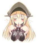  1girl bare_shoulders bismarck_(kantai_collection) blonde_hair blush breasts closed_eyes detached_sleeves gloves hat highres kantai_collection long_hair military_hat oota_yuuichi peaked_cap pocky sweatdrop uniform 