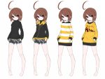  1girl ahoge alternate_costume artist_request barefoot brown_hair casual character_sheet denim denim_shorts french-bread hands_in_pockets huge_ahoge linne short_hair shorts small_breasts smile solo striped sweater_dress turtleneck under_night_in-birth violet_eyes 