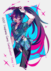  1boy arm_tattoo black_hair black_pants blood blue_background blue_eyes blue_shirt border collared_shirt dagger grey_border hawaiian_shirt high_ponytail highres holding holding_dagger holding_knife holding_weapon hong_lu_(project_moon) jewelry knife limbus_company long_hair looking_at_viewer male_focus necklace one_eye_closed open_mouth pants pink_blood ponytail project_moon shiki_(shikki46) shirt short_sleeves simple_background solo standing tattoo tingtang_gang_(identity)_(project_moon) upper_body weapon 