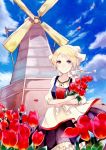  1girl bisco9skm blonde_hair blue_eyes braid carrying flower headwear long_hair looking_at_viewer low_twintails netherlands original sky smile solo tulip twin_braids twintails wind windmill 