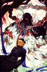  2boys absurdres alternate_skin_color antler_ring antlers armor black_armor black_eyes black_gloves black_hair blonde_hair blue_eyes blue_liquid blue_ribbon cavernous_wailing_(e.g.o) chinese_clothes cracked_armor dark-skinned_male dark_skin e.g.o_(project_moon) eastern_dragon_horns full_body fur_trim gloves hanfu heterochromia highres hong_lu_(project_moon) horn_ornament horn_ring horns limbus_company long_hair looking_at_another lycanthix lying male_focus multiple_boys on_back pink_petals ponytail project_moon red_hanfu ribbon simple_background sinclair_(project_moon) single_antler single_horn sitting smile tears_of_the_tarnished_blood_(e.g.o) two-tone_hanfu upper_body water white_background white_hanfu yellow_eyes 