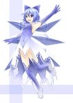  1girl blue_eyes blue_hair blue_legwear bow cirno dress elbow_gloves gloves hair_bow ice ice_wings inyuppo open_mouth short_hair smile solo thigh-highs touhou wings 